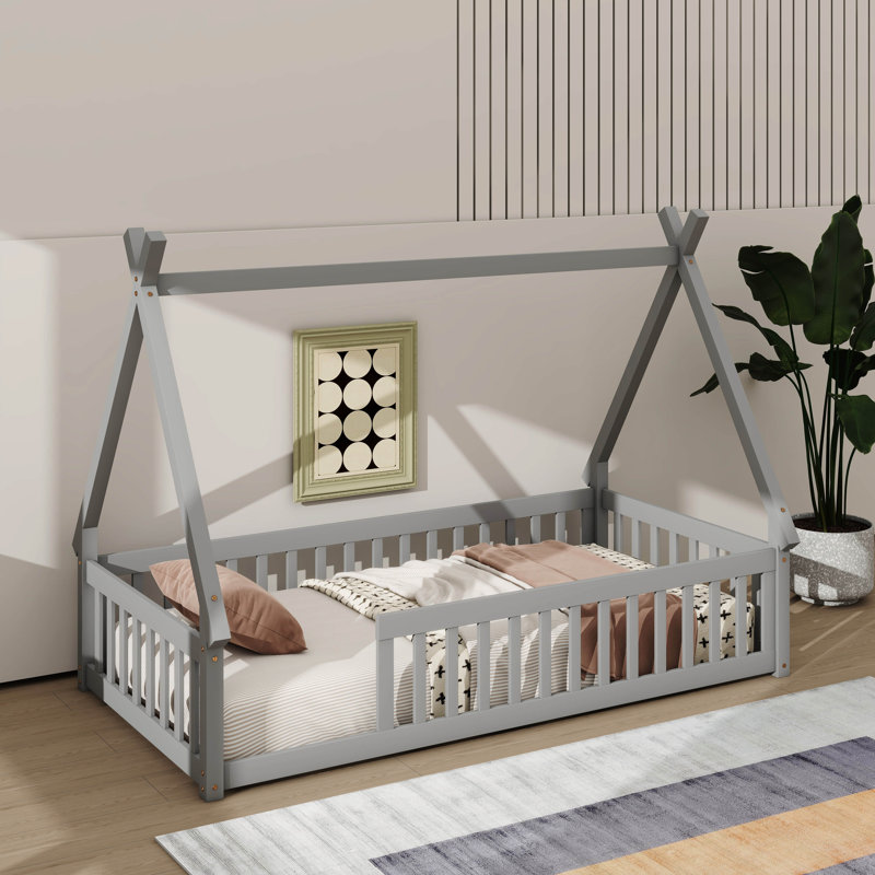 Lit simple de petite taille de style tipi avec garde-corps de sécurité, gris
