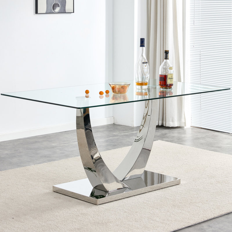 Plouffe Glass Top Metal Base Dining Table, Silver