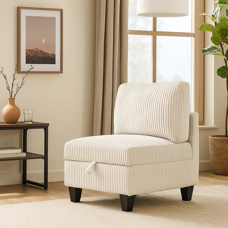 Chaise modulaire sans accoudoirs avec rangement Ellene, velours côtelé doux, Beige