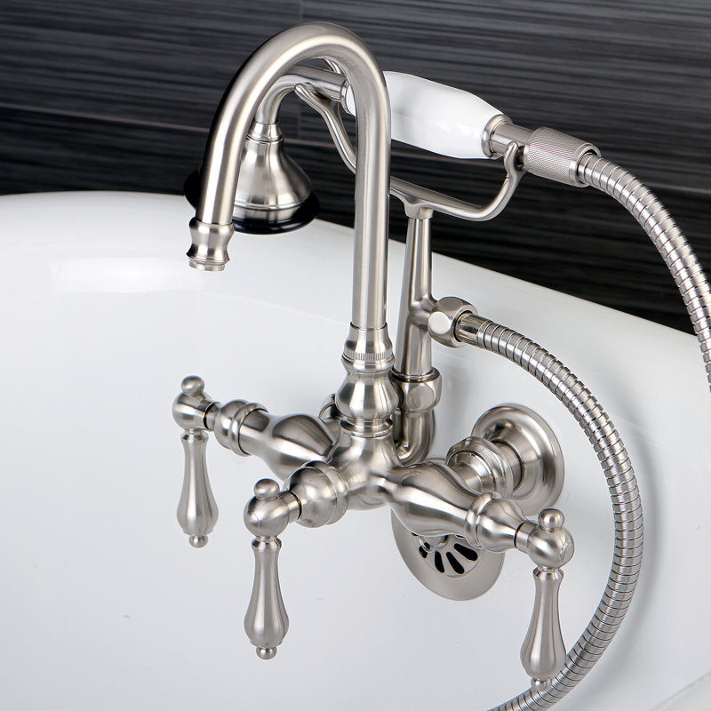 Kingston Brass Aqua Vintage Three-Handle 2-Hole Tub Wall Mount Clawfoot Tub Faucet with Hand Shower, Brushed Nickel