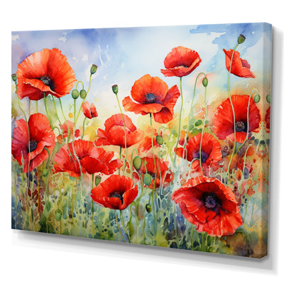 Poppy Floral Canvas Wall Art, Radiant Red Flower Decor Print - Radiant Red Poppies Pulse I