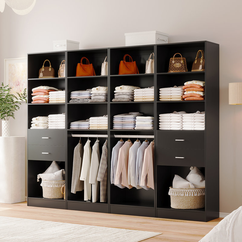 4-piece Set: 99.2"w Wardrobe Storage System With 4 Wooden Drawers, Adjustable Shelves And Hanging Rod, Black