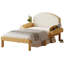 Structure de lit simple tapissier avec tête de lit courbée et rembourrée, pieds arqués et tablettes de rangement latérales, sans sommier, naturel