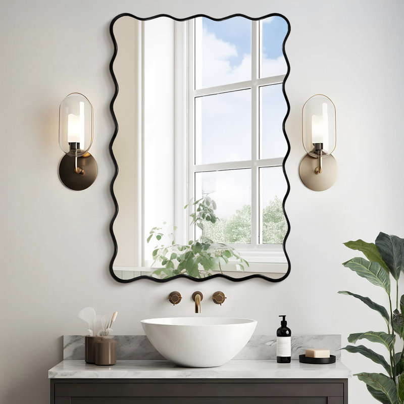 Wavy Rectangle Metal Framed Wall Accent Mirror, Black