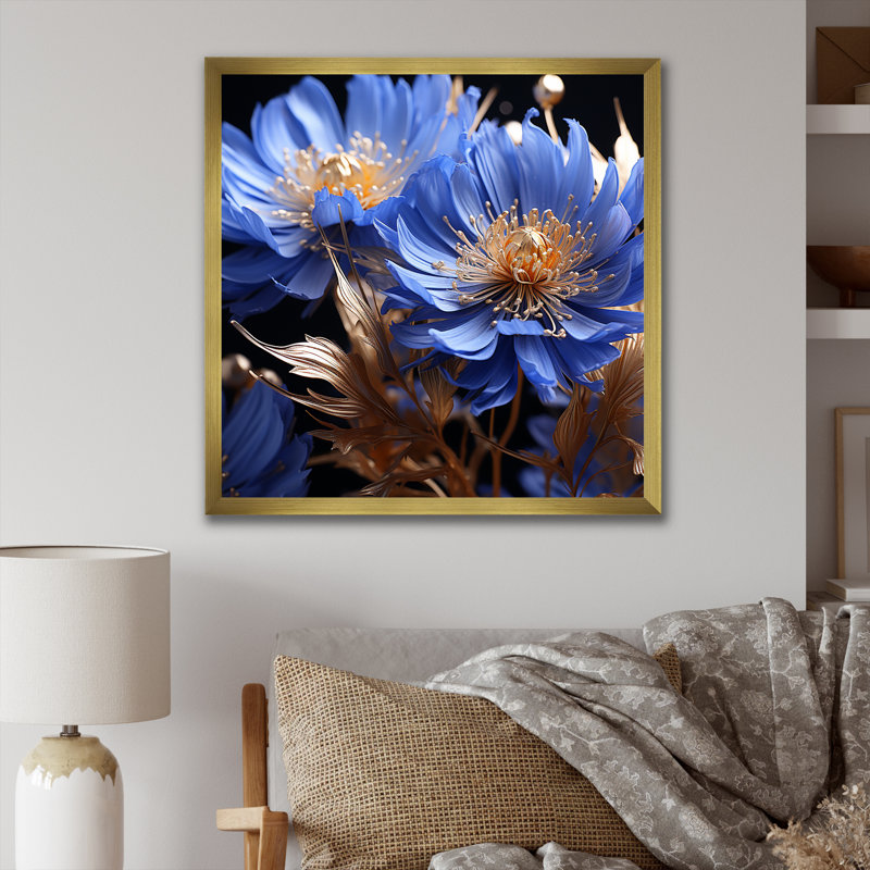 «Cornflowers Blue Tones Expression II», reproduction sur toile, Cadre doré simple, H 24 po x l 24 po x P 1 po
