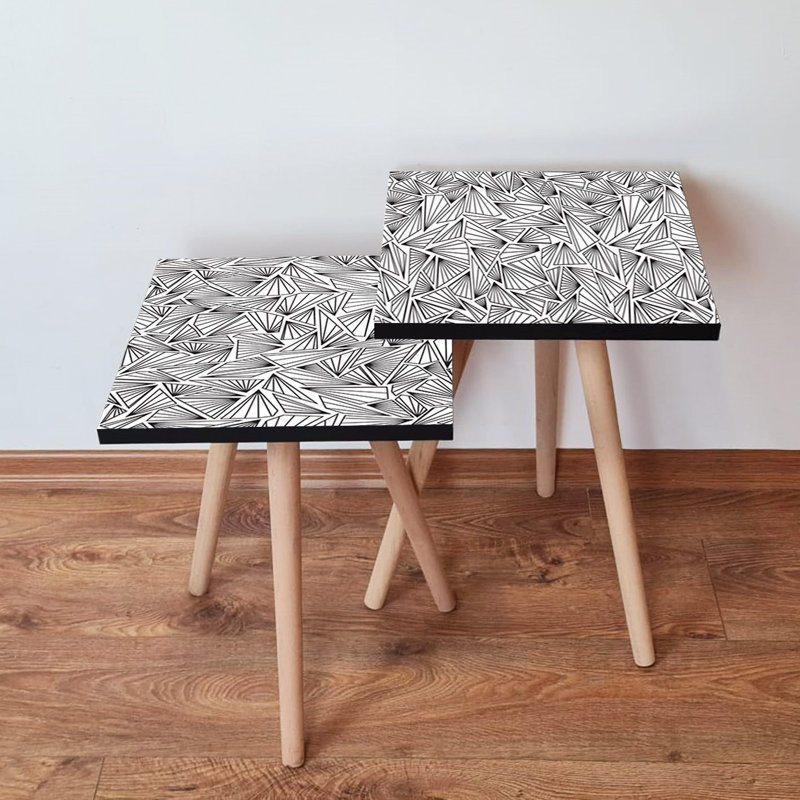 Ensemble de tables gigognes modernes (2 pièces), motif géométrique noir et blanc, 13,8 x 18,5 x 13,8 pouces | 100% panneau de fibres à densité moyenne avec pieds en bois de hêtre, épaisseur: 0,7 pouce | Élégant et fonctionnel pour la décoration de salon ou de bureau