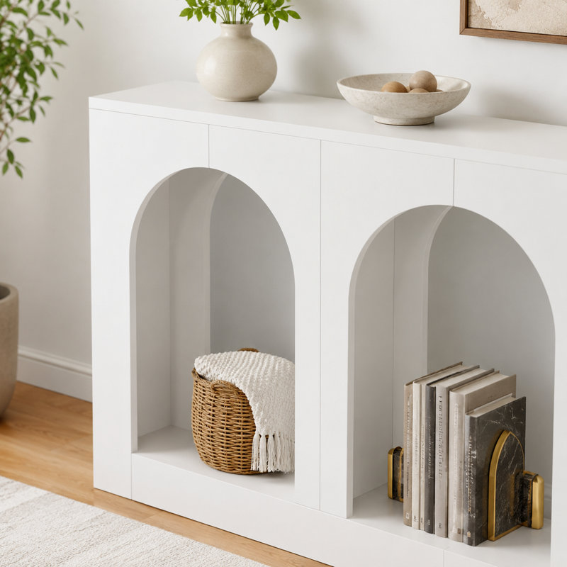 Console arquée à découpes, rangement à 3 niveaux, blanc, pour le couloir du salon