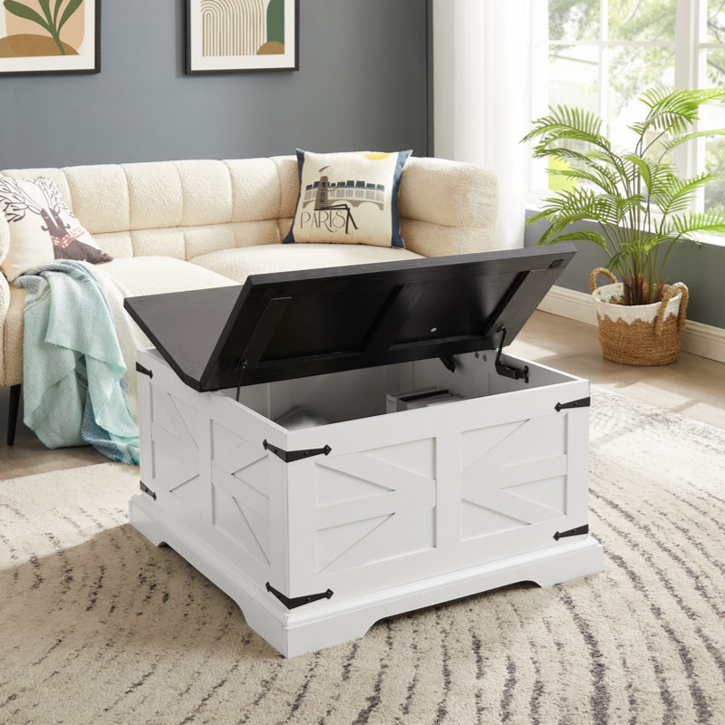 White and Black Square Wood Coffee Table with Hidden Storage