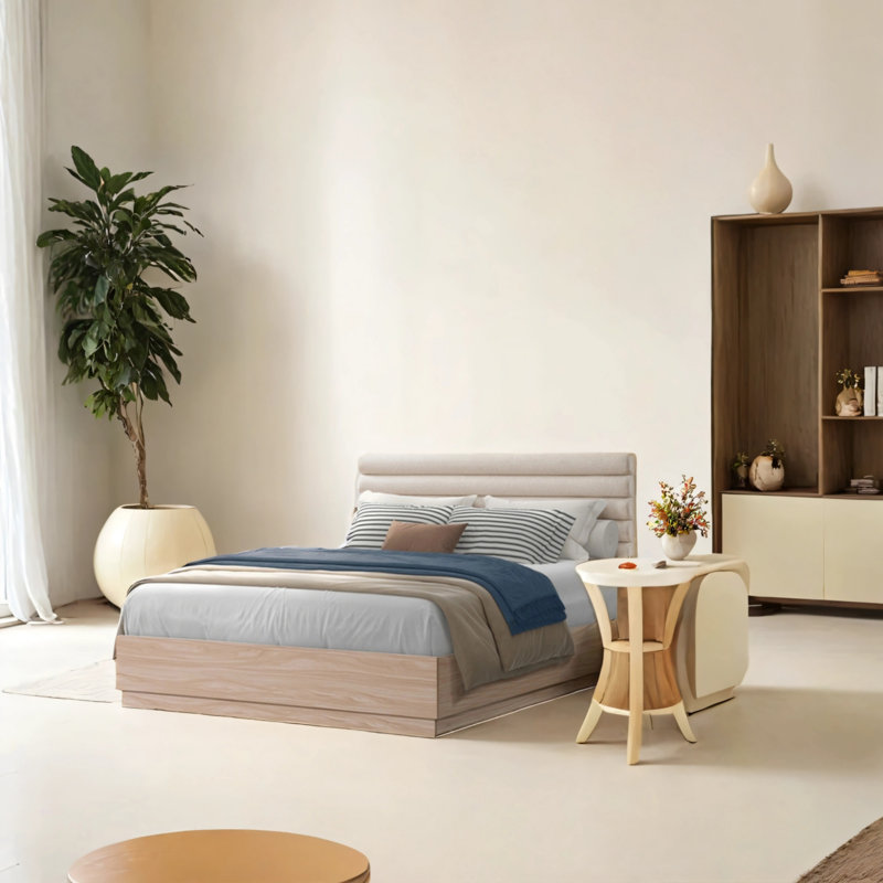 Structure de lit grand lit en bois avec panneau de dossier en tissu matelassé en laine