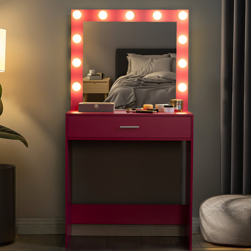 Bedroom Vanity Desk With Mirror & Lights, Pink Dressing Table Generous Drawer And Adjustable Brightness 3 Modes, Loving For Bedroom, Pink, Mirror, Lights Precious Drawer, Lighting Modes