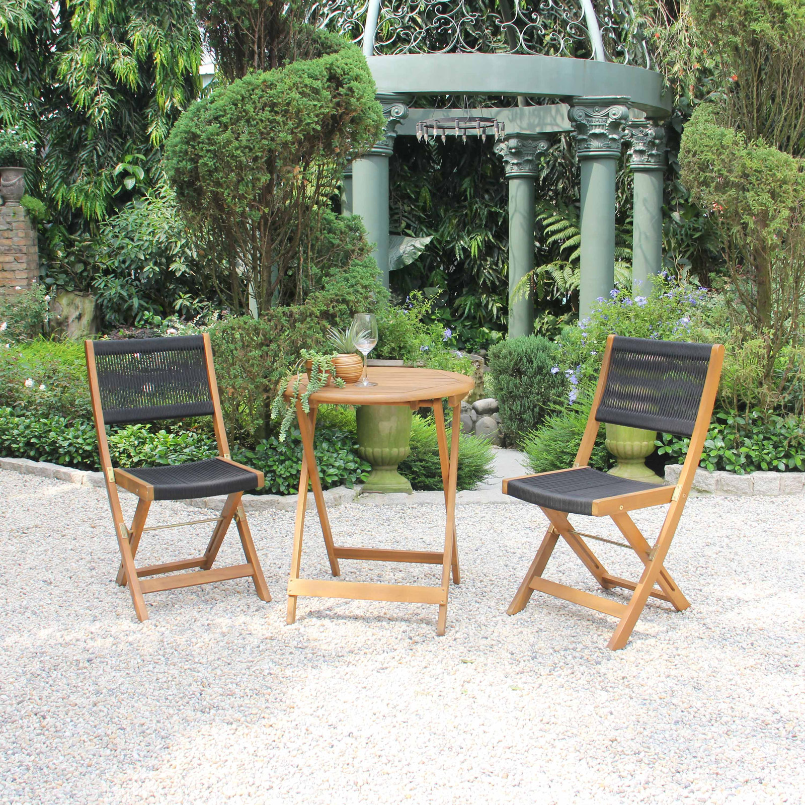 Vanelly 3-Piece Foldable Wood Bistro Set, Brown/Black