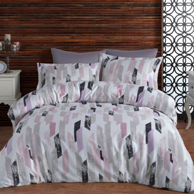 Luxurious Satin Double Quilt Cover Set, 100% Cotton, White & Lilac/Black & Beige | Duvet Cover 78.7 x 86.6 in, Flat Sheet 94.5 x 102.4 in, 2 Pillowcases 19.7 x 27.6 in & 27.6 x 27.6 in | 210 Thread Count, Machine Washable, Elegant Design