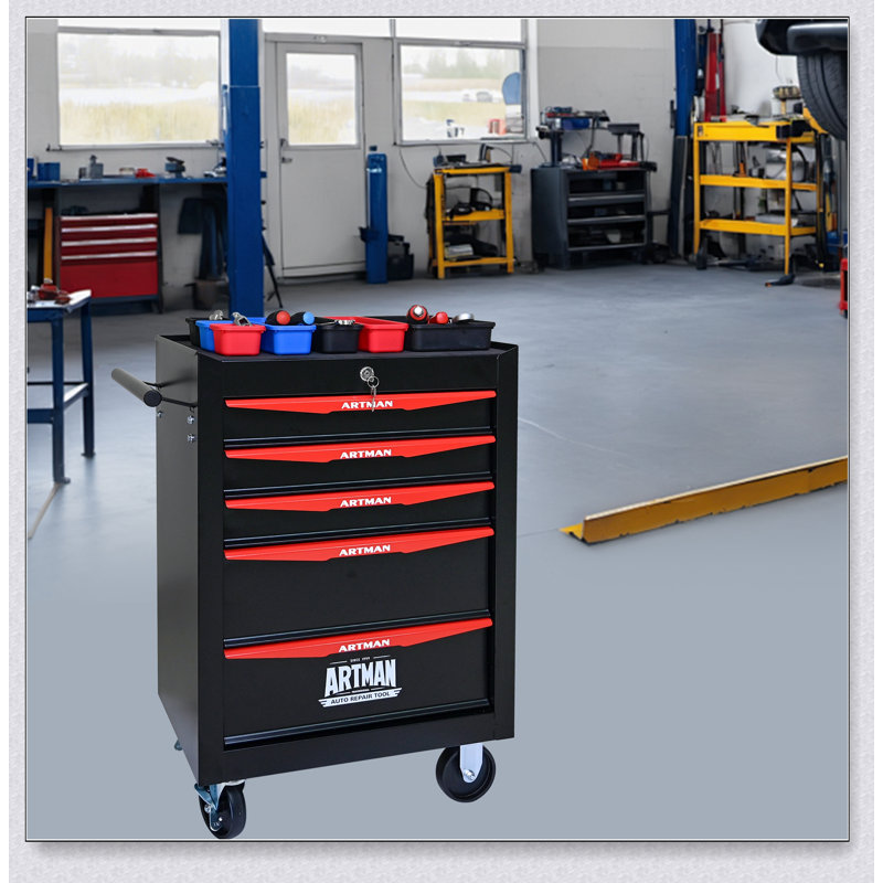 Coffre à outils durable en métal avec 5 tiroirs, glissières à roulement à billes et sécurité verrouillable pour un rangement efficace