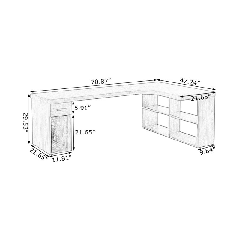 Bureau de direction en L en bois massif avec tiroirs, H 29,53 po x l 70,87 po x P 47,24 po, Retour à droite