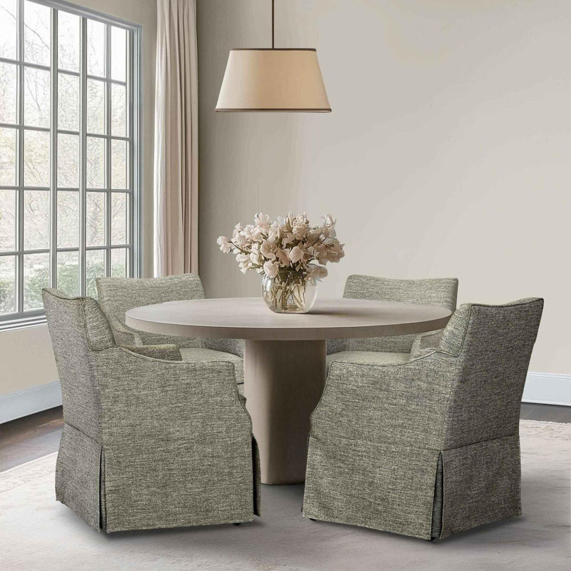 Modern Upholstered Skirted Arm Chair with Hidden Casters, Grey