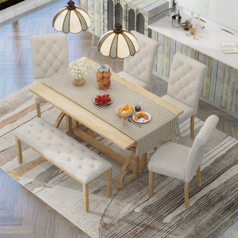 Ensemble de table de salle à manger 6 pièces avec pieds uniques, 4 chaises rembourrées et 1 banc pour une salle à manger élégante