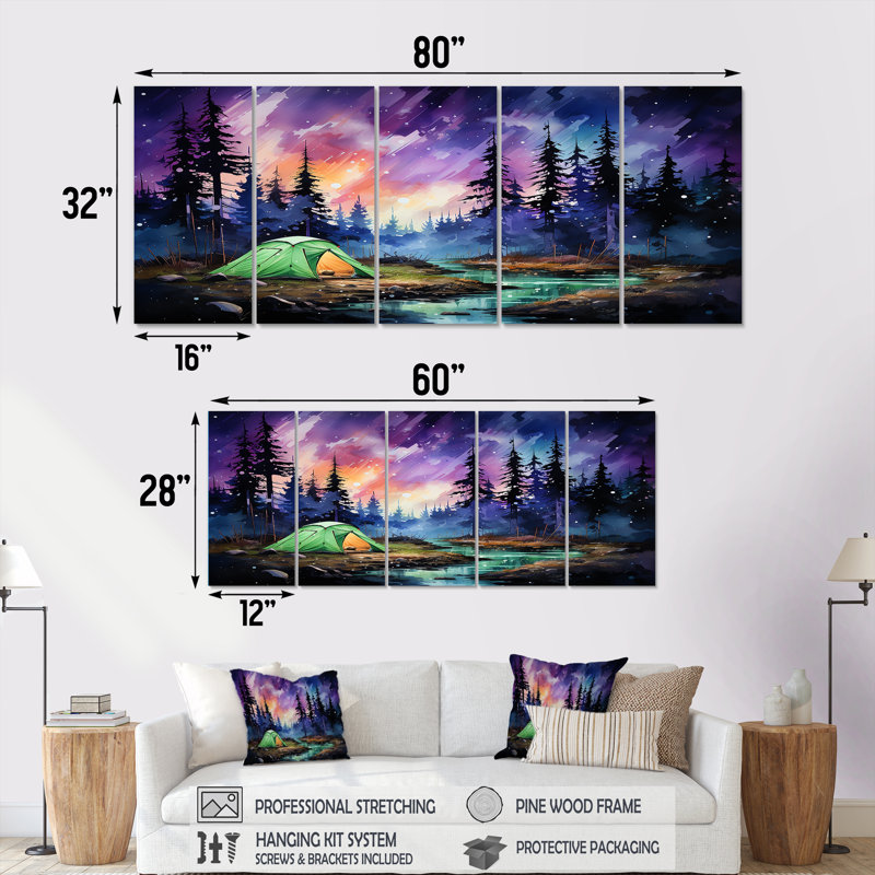 Northern Lights Camping Escape III - Camping Travel, art mural 5 pièces, H 28 po x l 60 po