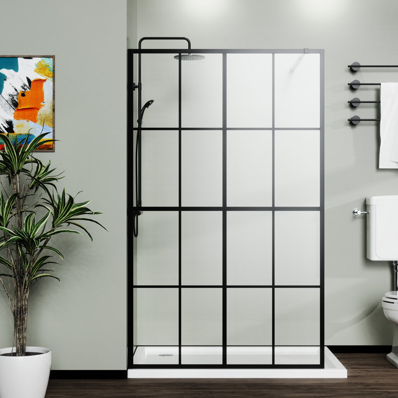 Écran de douche Walk-In 46 po x 72 po - Noir, verre trempé, fixation noire sécuritaire pour barre de soutien fiable