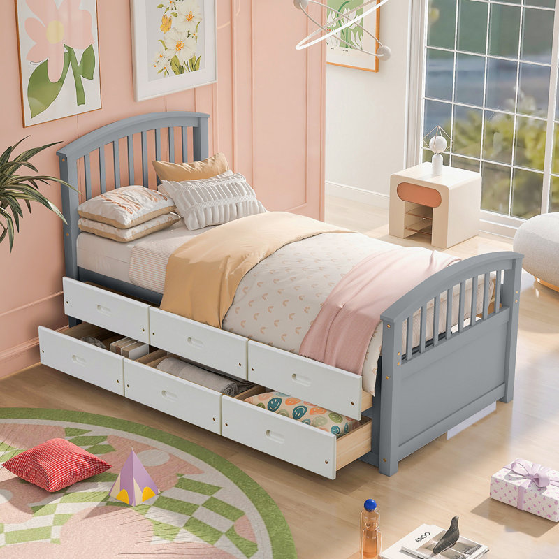 Twin Size Platform Storage Bed Solid Wood Bed With 6 Drawers, Grey+ White