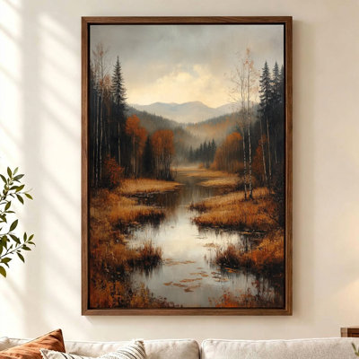 Brown Floater Frame Canvas Wall Art, Autumn River Marsh Birch Forest Landscape Print for Dining Room, 24" H x 16" W