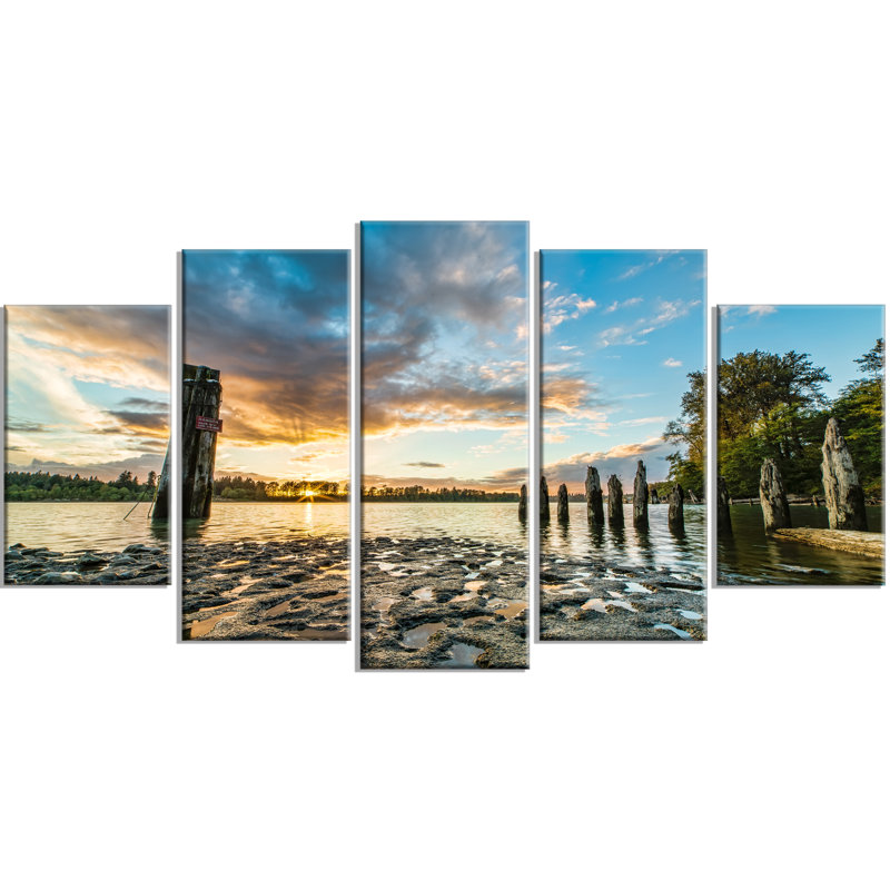 « riverside coucher de soleil avec bois », ensemble de 5 reproductions d’art sur toiles tendues