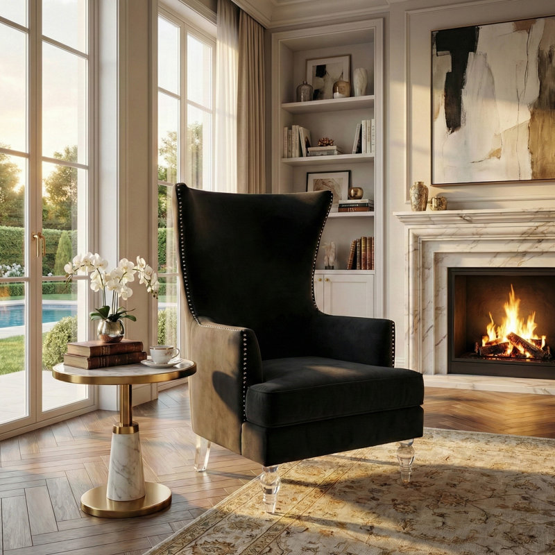 Bree 73.914Cm Wide Velvet Wingback Chair, Black Velvet