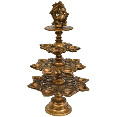 Lampe paon en laiton Mayura faite à la main 14 pouces | Diya à l'huile 19 pièces pour décoration spirituelle