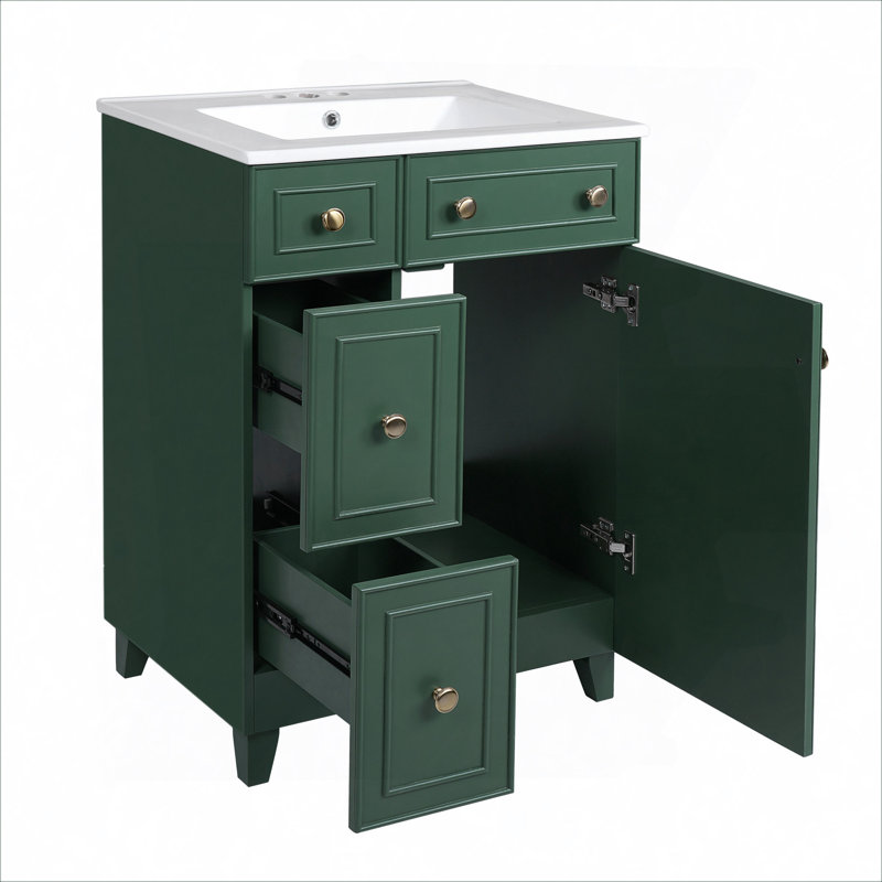 Meuble-lavabo avec lavabo en céramique Forest, 2 tiroirs, 1 porte à fermeture en douceur, Vert givré