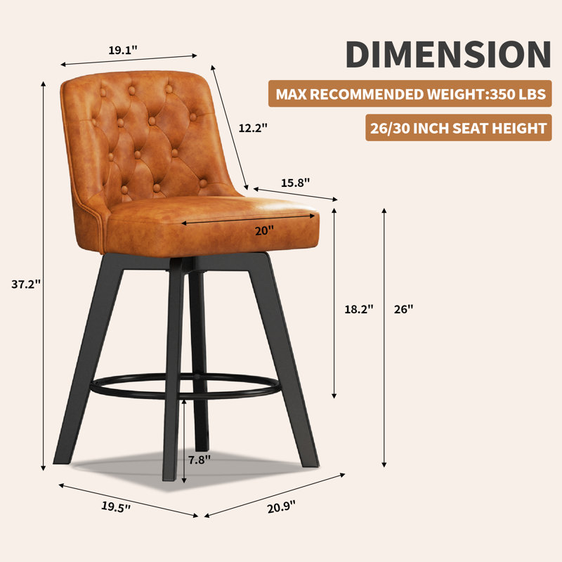 Swivel Upholstered 26'' Counter Stool Wood Leg, Brown, 1, Counter Stool (26" Seat Height)