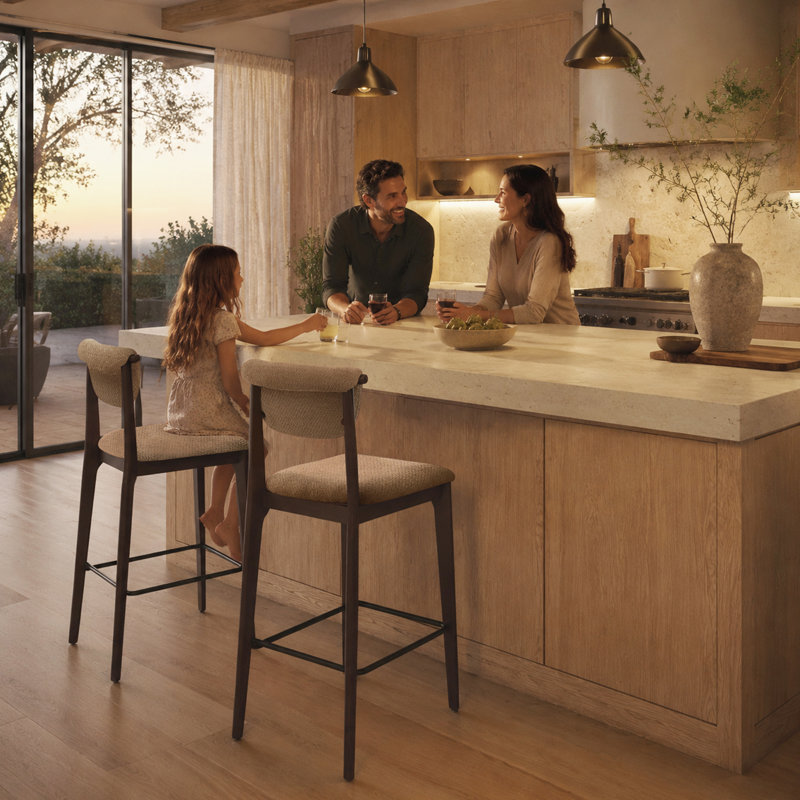 Tabouret de bar rembourré de style milieu du siècle, avec structure en bois massif, dossier incurvé et siège en tissu doux, idéal pour un îlot de cuisine moderne.