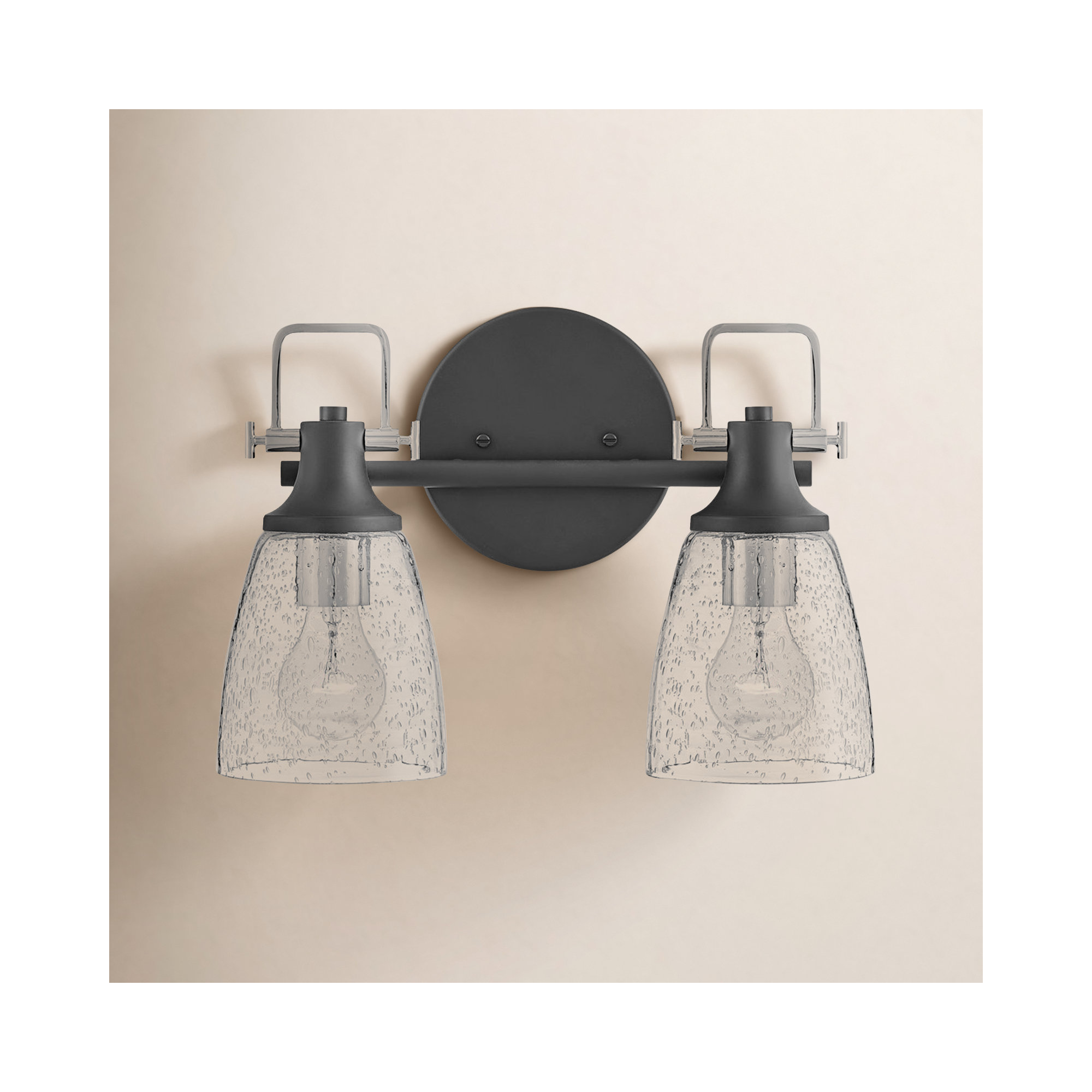Easton Two-Light Bath Vanity Fixture w/ Clear Seedy Glass Shades, Black/Chrome