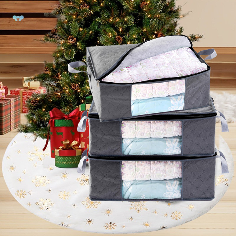 Ensemble de 3 sacs de rangement pliables avec fenêtres et poignées transparentes, grands organisateurs de placard pour vêtements, couvertures, literie, bacs en tissu gris peu encombrants
