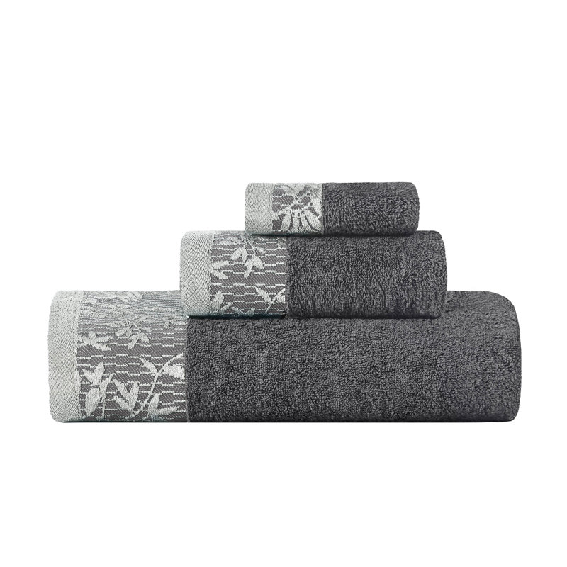 Carinna Cotton Medium Weight Floral Jacquard Border Assorted Bathroom Towel Set, Gray, 3 Piece Towel Set