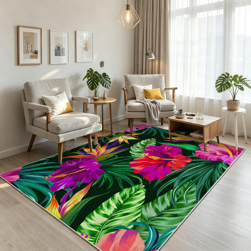Pink Amazing Tropical Flowers Botanical Hibiscus Palm Bird Paradise File Machine Washable Indoor Area Rug