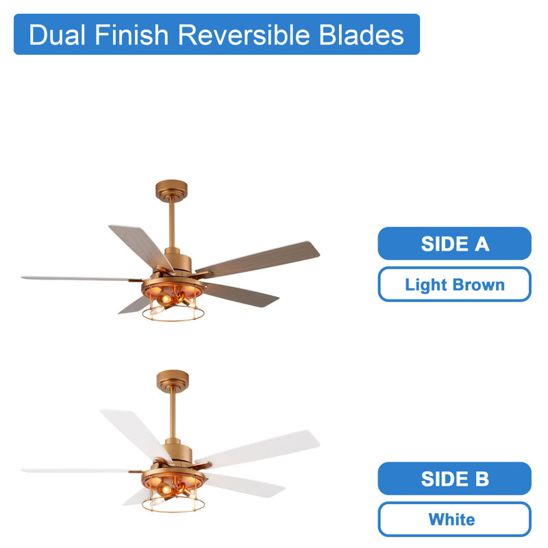 Ventilateur de plafond moderne doré de 132 cm avec lumière et télécommande, moteur CC réversible à 6 vitesses, idéal pour chambre et salon.
