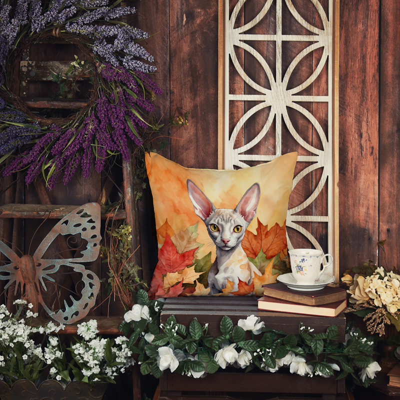 Cornish Rex Cat in Fall Leaves Throw Pillow, Square 14"