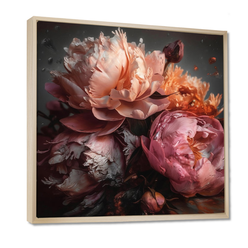 Orange rose, pivoines en fleurs - pivoines, reproduction d'art sur toile encadrée, H 24 po x l 24 po