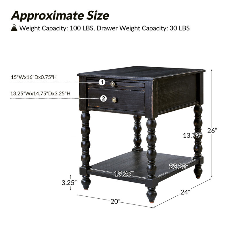 26'' H Solid Wood Rectangular End Table, Charcoal