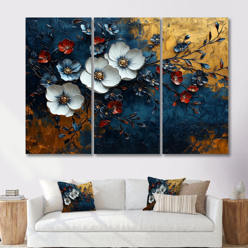 «White and Blue Poppies Venetian Vibrance I», ensemble d'art mural coquelicots, Toile tendue, H 28 po x l 36 po x P 1 po