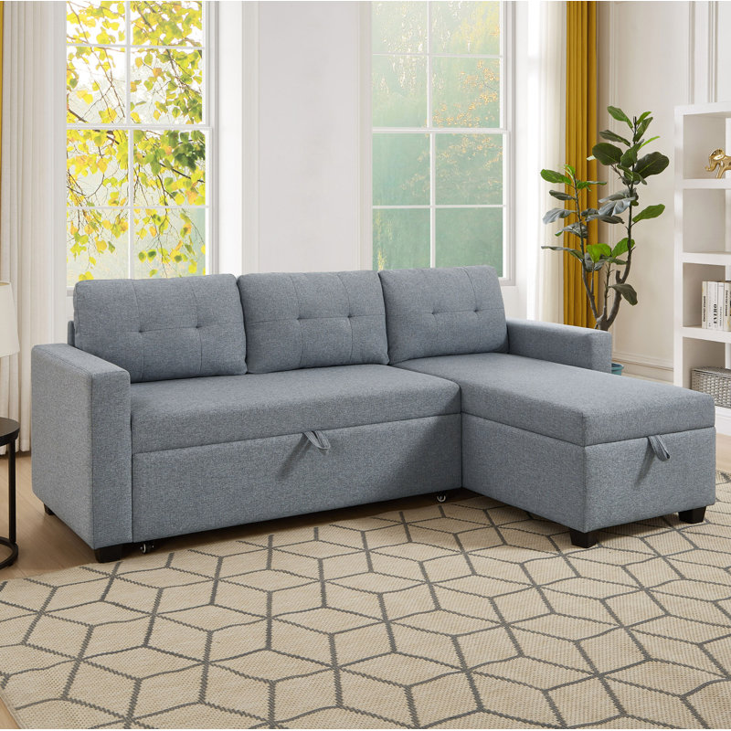 Upholstered Pull Out Sectional Sofa With Storage Chaise, Convertible Corner Couch, Light Gray Linen