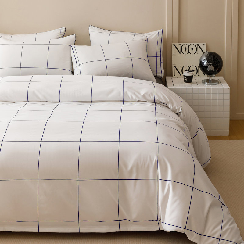 Comforter Set Geometric Bedding Set 3 Pieces Strips Grid Comforter Set, Queen Comforter + 2 Standard Pillowcases, White Grid