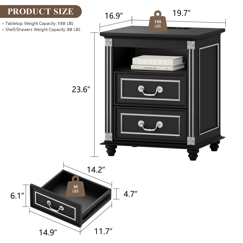 Nightstand With 4-in-1 Charging Station, 2 Drawers & Open Shelf, Vintage Style, Black