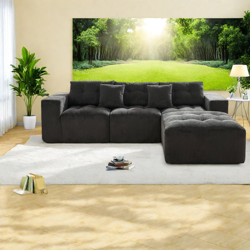 Spacious Gray Corduroy Sofas, Modern Modular Design for Home