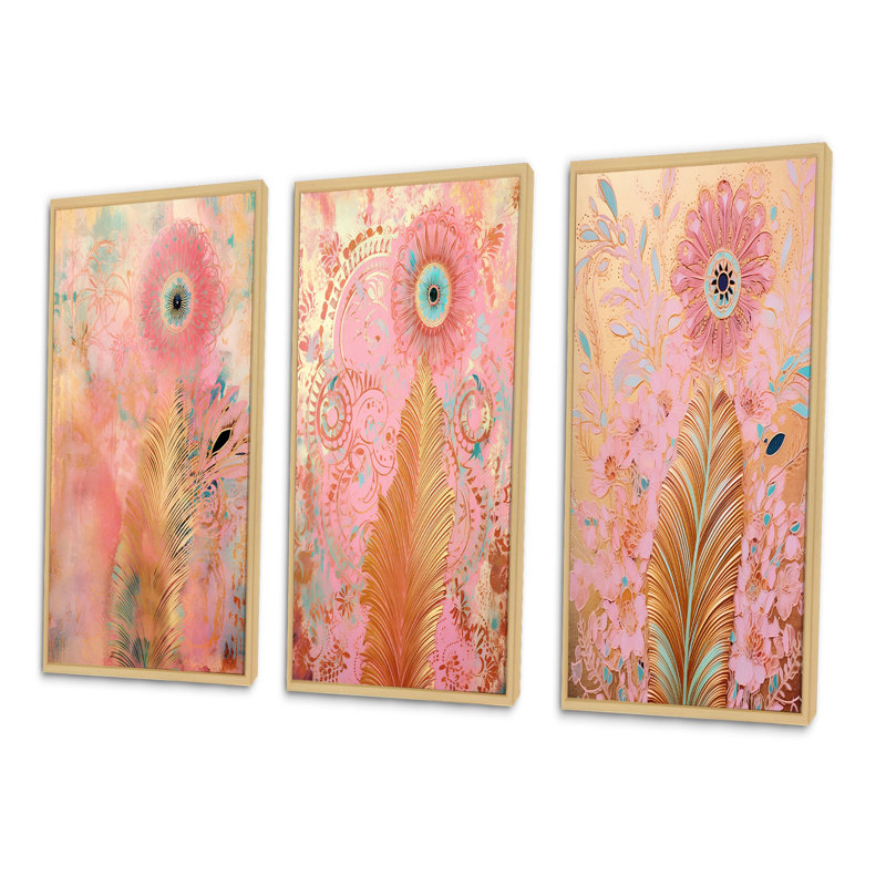 «Boho Glam Gold Feather Pink Flowers», 3 pièces sur toile, H 40 po x l 60 po, Encadrement brun