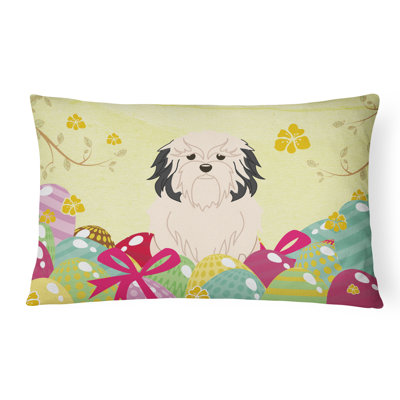 Coussin petit chien lion de pâques œufs