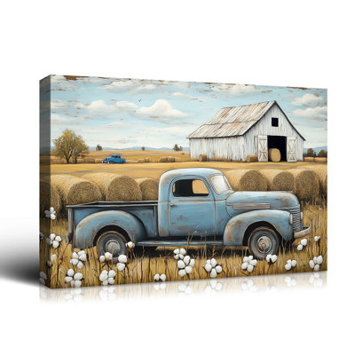 Rustic Farmhouse Blue Pickup Truck Wall Art, Vintage Country Barn Hay Bale Cotton Field Canvas Print, Framed Rustic Home Decor for Living Room Bedroom Office, Ready to Hang