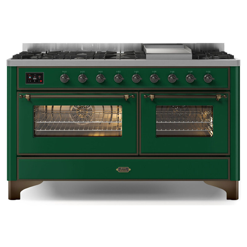 ILVE UM15FDNS3BGG Majestic II 60 inch Dual Fuel Range with 9 Burners, Griddle (Natural Gas, Triple Glass Door, Blue Grey, Brass)