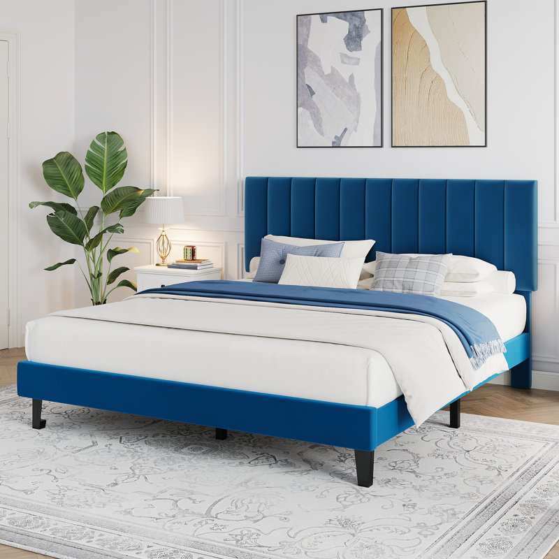 Queen Size Bed Frame Velvet Upholstered Platform with Adjustable Vertical Channel Tufted Headboard, No Box Spring Needed, Navy Blue