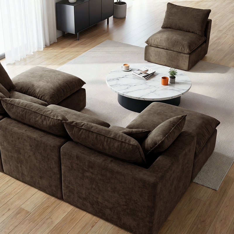 Canapé modulaire en forme de L Cloud, canapé modulaire en forme de L 3 places, avec repose-pieds amovible à 2 sièges profonds et brun, sans assemblage, brun