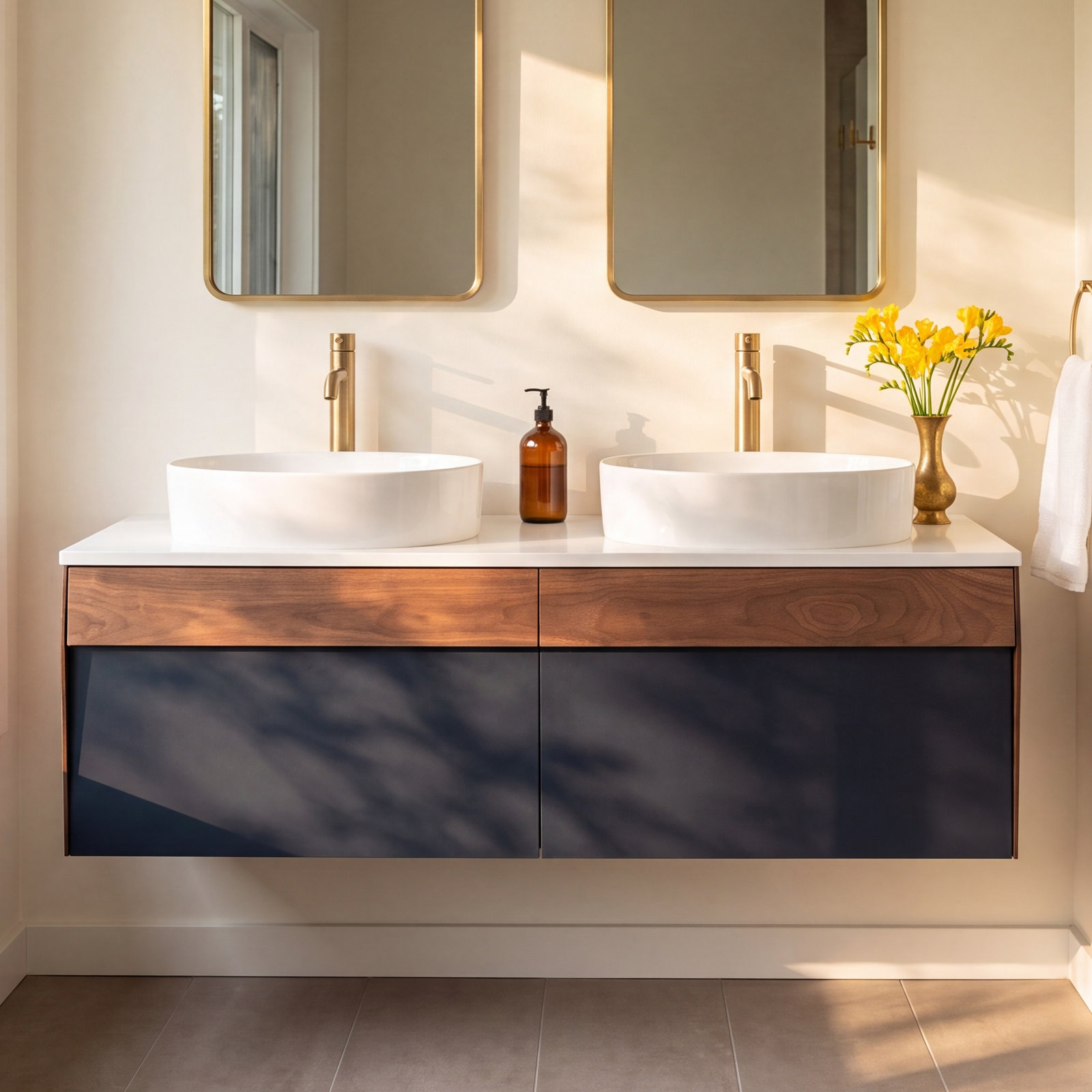 Lynwood 55" Cedar Double Bathroom Vanity, Light Brown/Dark Blue